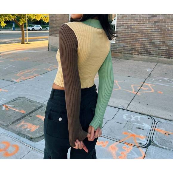 NEW PRETTY GARBAGE zip up crop cardigan in green/brown/yellow colorblock - Picture 3 of 4